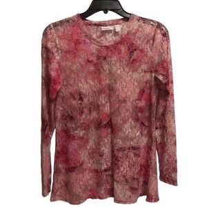 Long Sleeve Crew Neck Pink Lace Top